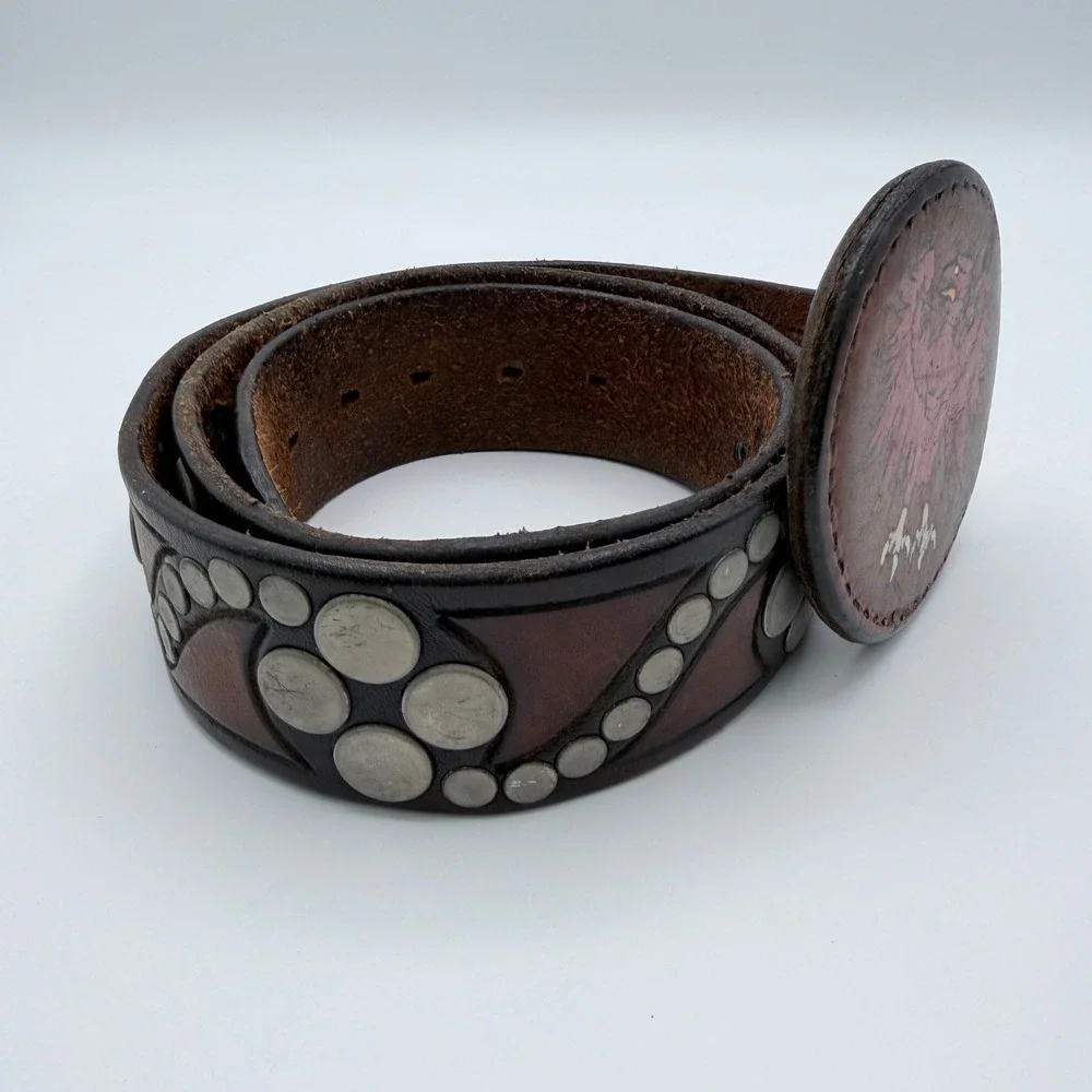 Vintage 1974 Handmade Studded Leather Belt Hand Painted Eagle Buckle Brown
